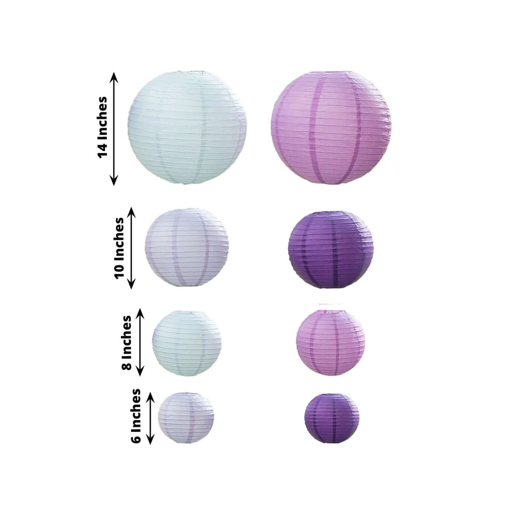 Set of 8 Mixed Purple White Hanging Paper Lanterns 6 to 14 in