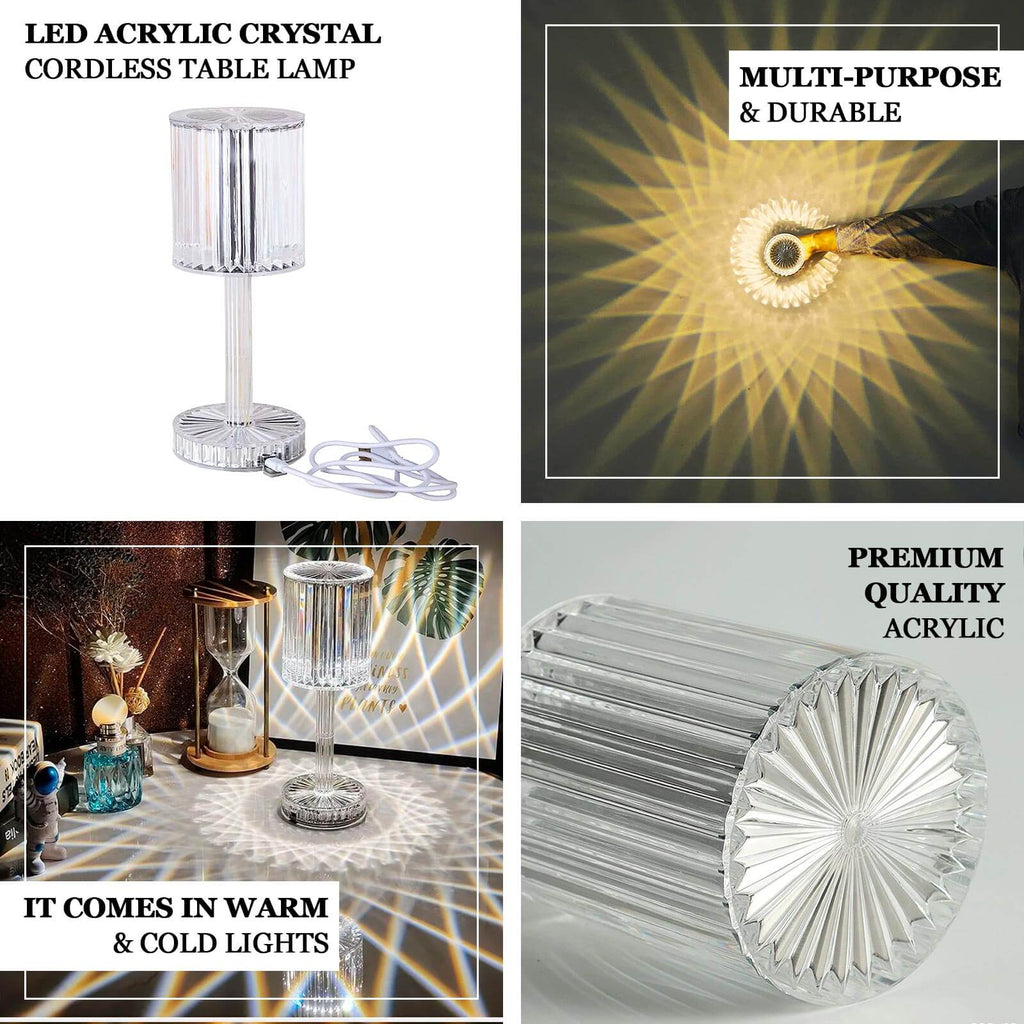 10 Inch Cylinder Acrylic Rechargeable Cordless LED Table Lamp Clear