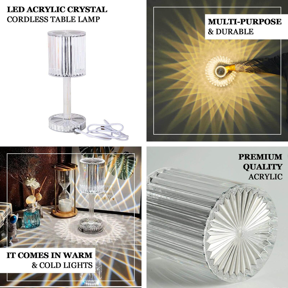 10 Inch Cylinder Acrylic Rechargeable Cordless LED Table Lamp Clear