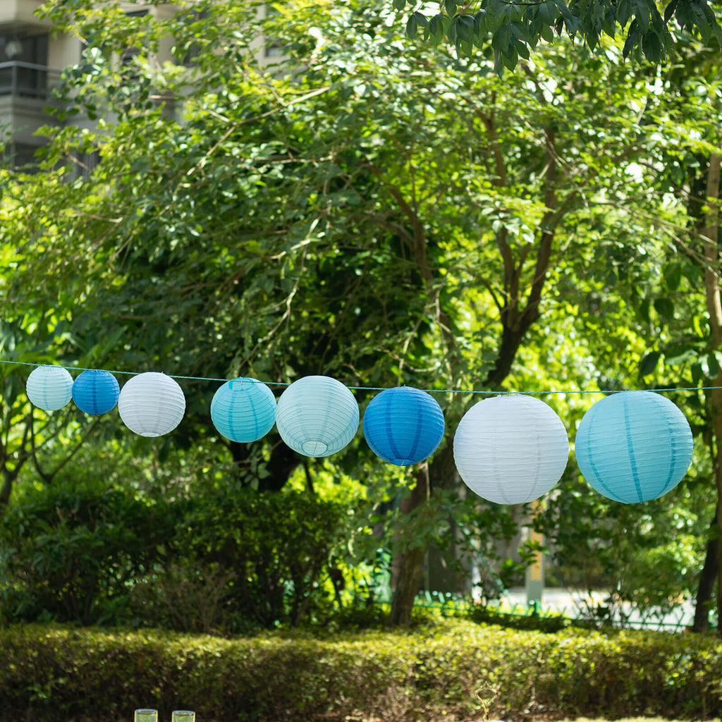 Round Hanging Paper Lanterns 6 to 14 in Set of 8 Mixed Blue and White