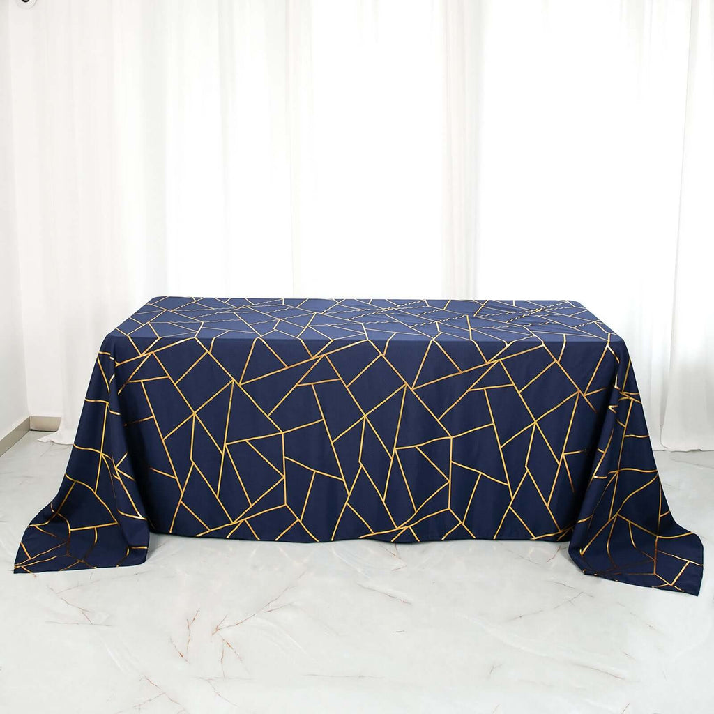 90x132in Rectangular Oblong Polyester Tablecloth Navy Blue and Gold