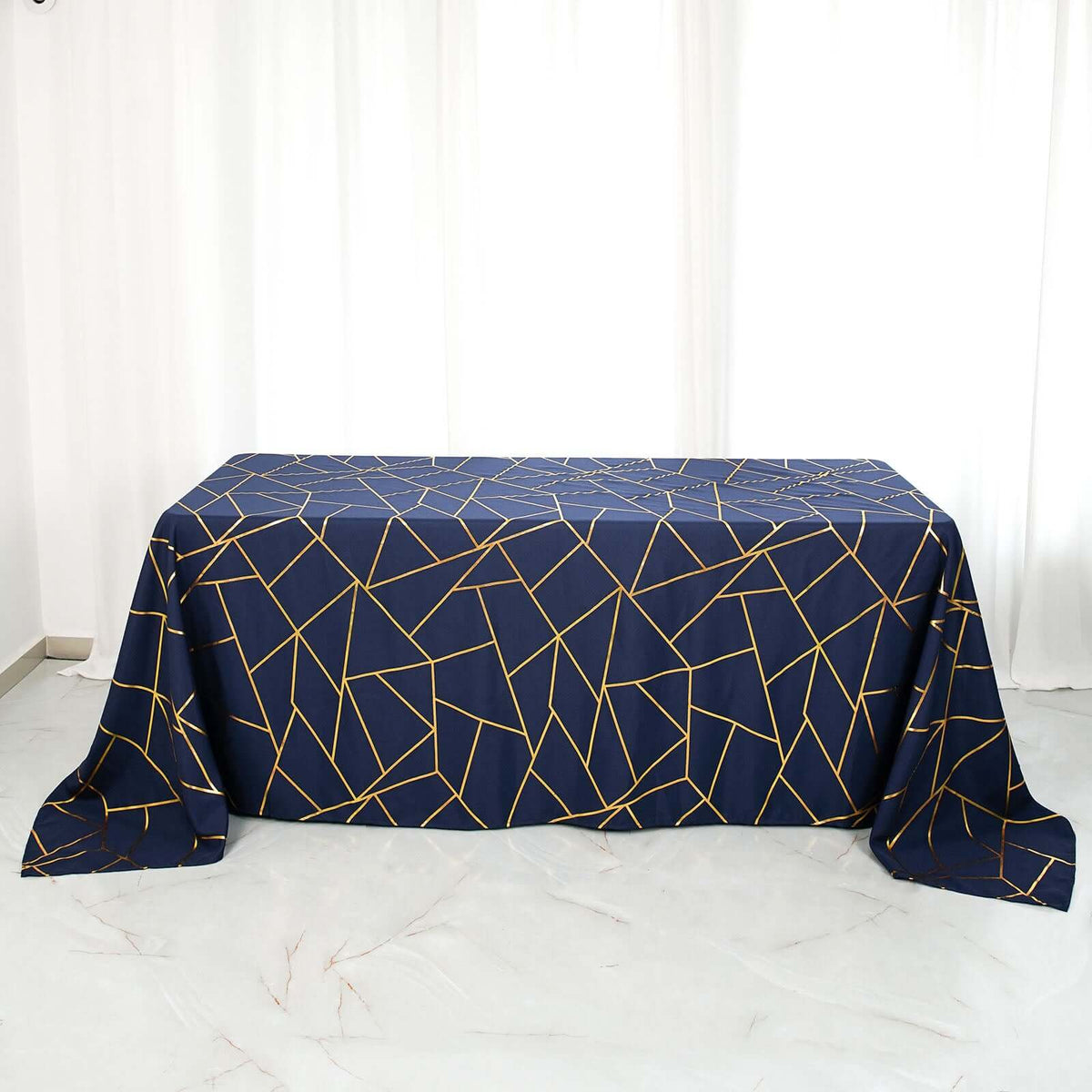 90x132in Rectangular Oblong Polyester Tablecloth Navy Blue and Gold
