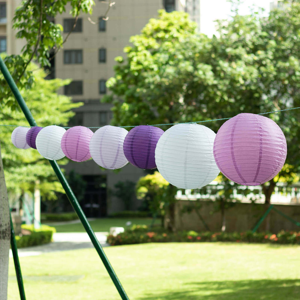 Set of 8 Mixed Purple White Hanging Paper Lanterns 6 to 14 in