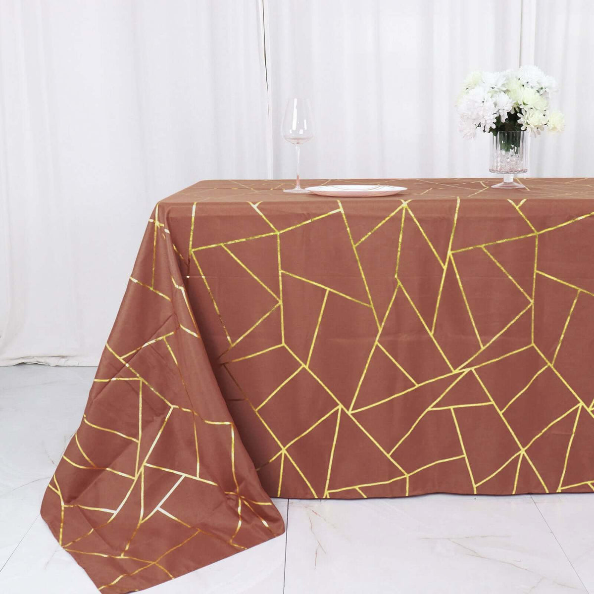 90x132in Rectangular Oblong Polyester Tablecloth Terracotta Gold