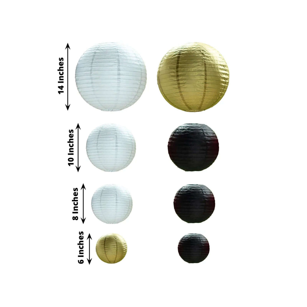 Round Hanging Paper Lanterns 6 to 14 in Set of 8 Black and Gold