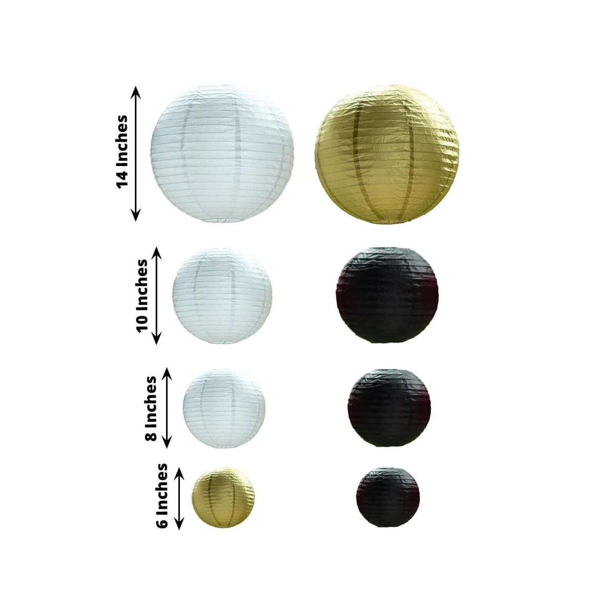 Round Hanging Paper Lanterns 6 to 14 in Set of 8 Black and Gold