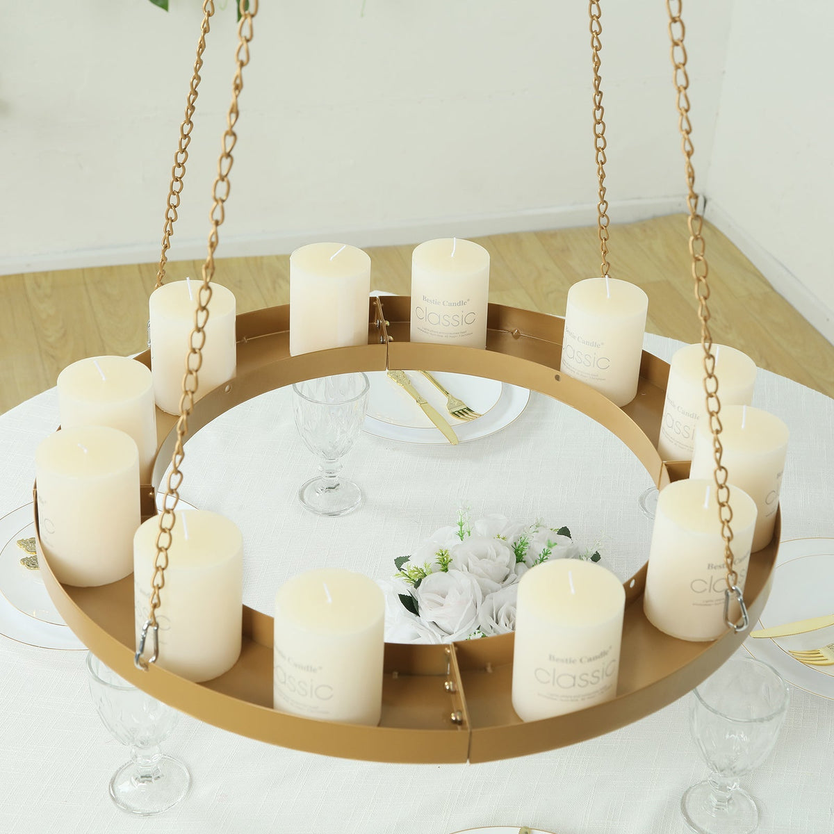 24in Circular Hanging Metal Floral Chandelier Frame Gold