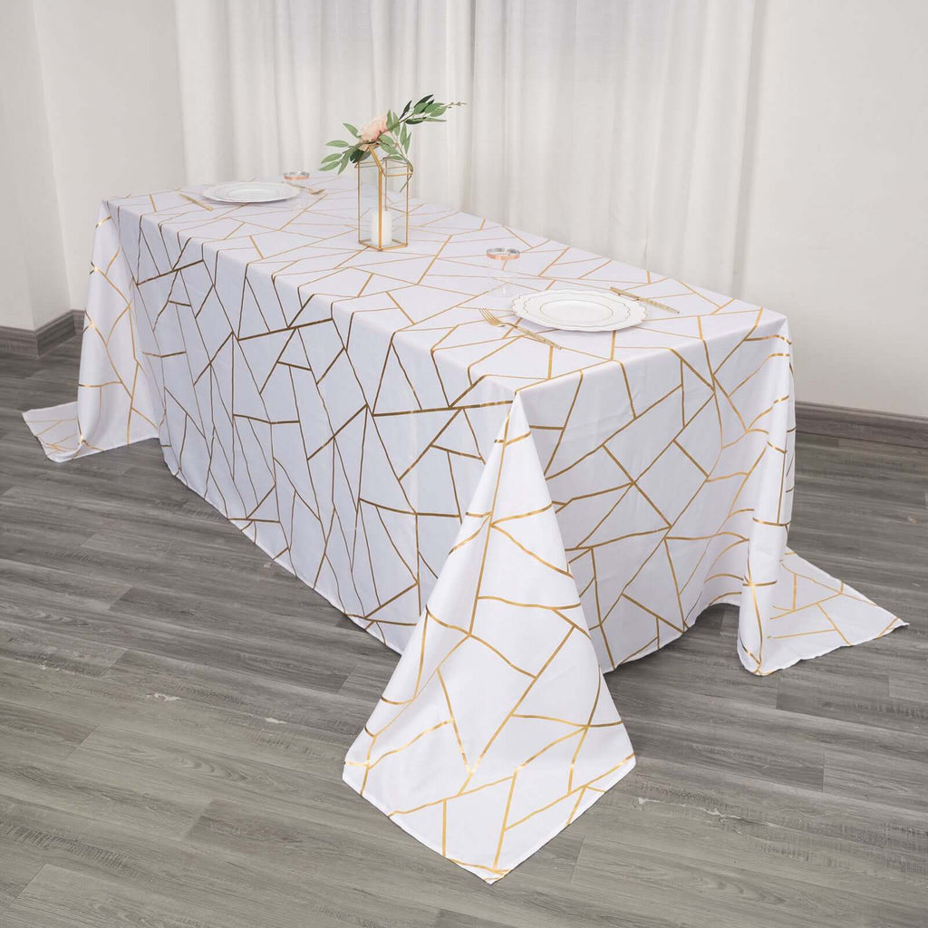 Polyester 90x132 Inch Rectangle Tablecloth White with Gold Foil