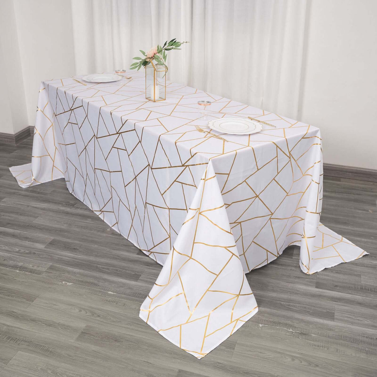 Polyester 90x132 Inch Rectangle Tablecloth White with Gold Foil