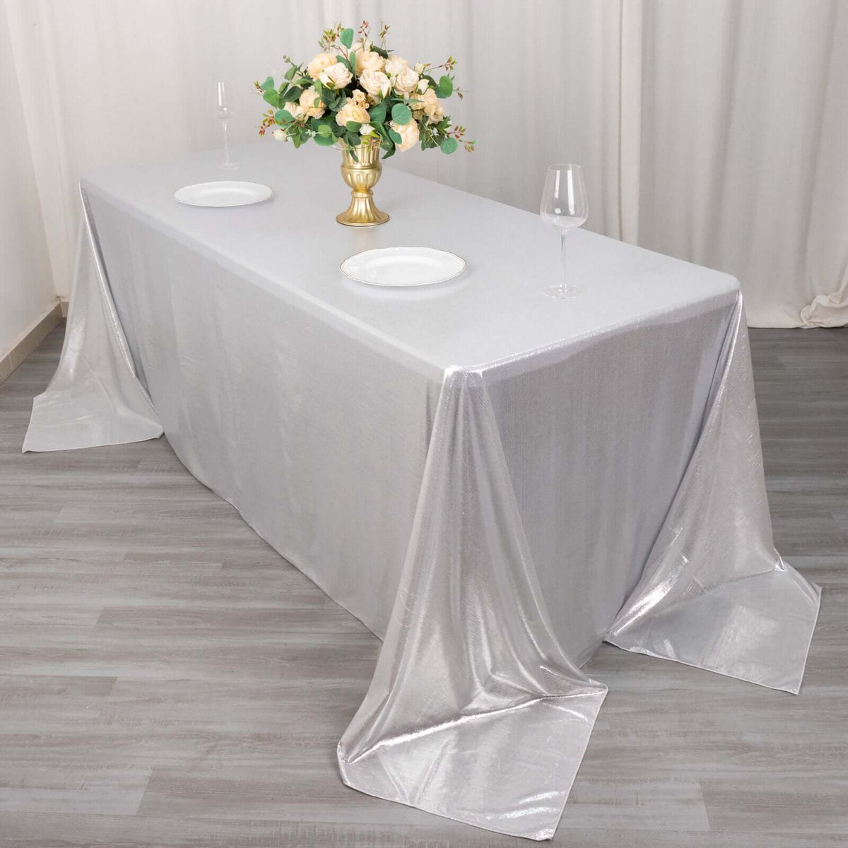 90x132in Rectangular Sequin Dots Polyester Tablecloth Silver