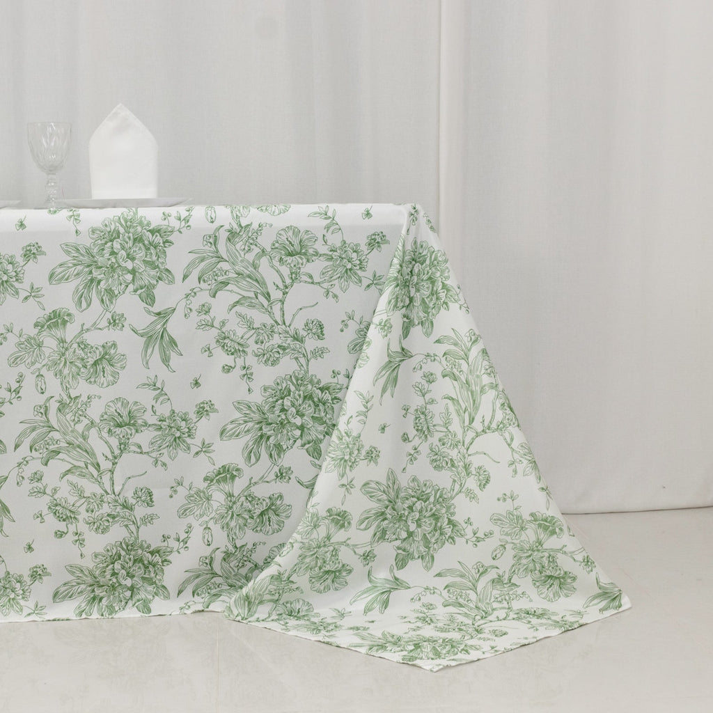 Polyester 90x132 Inch Rectangle Tablecloth White Dusty Sage Green French Toile