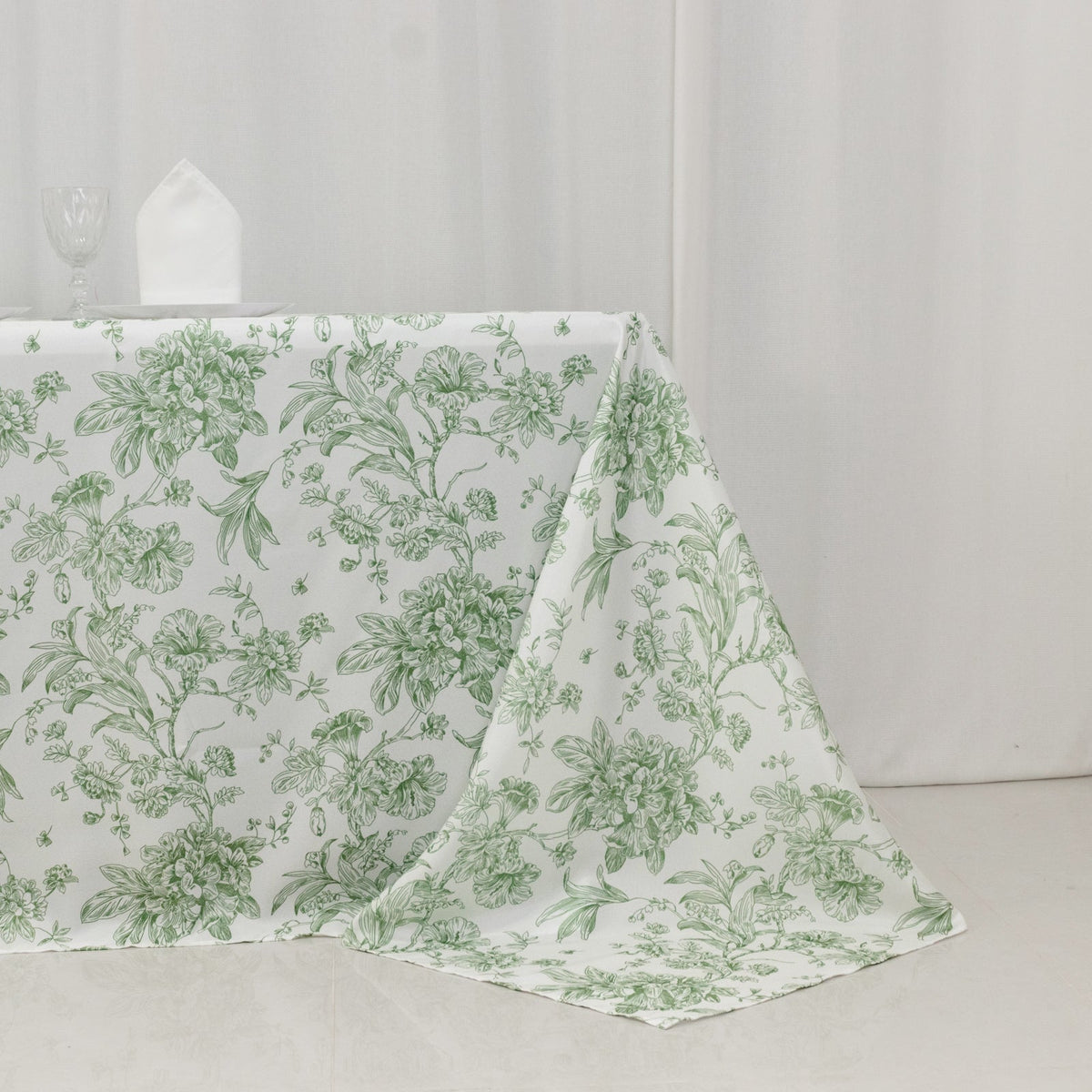 Polyester 90x132 Inch Rectangle Tablecloth White Dusty Sage Green French Toile