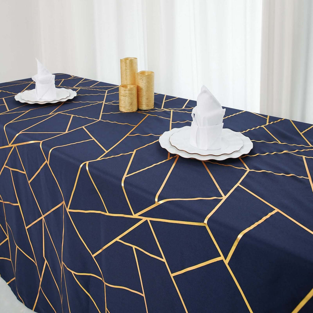 90x132in Rectangular Oblong Polyester Tablecloth Navy Blue and Gold