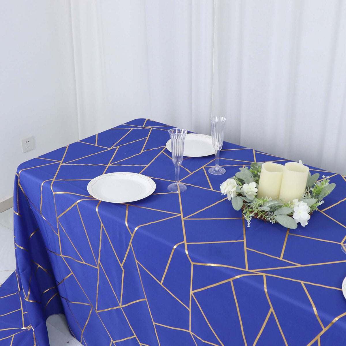 Polyester 90x132 Inch Rectangle Tablecloth Royal Blue with Gold Foil