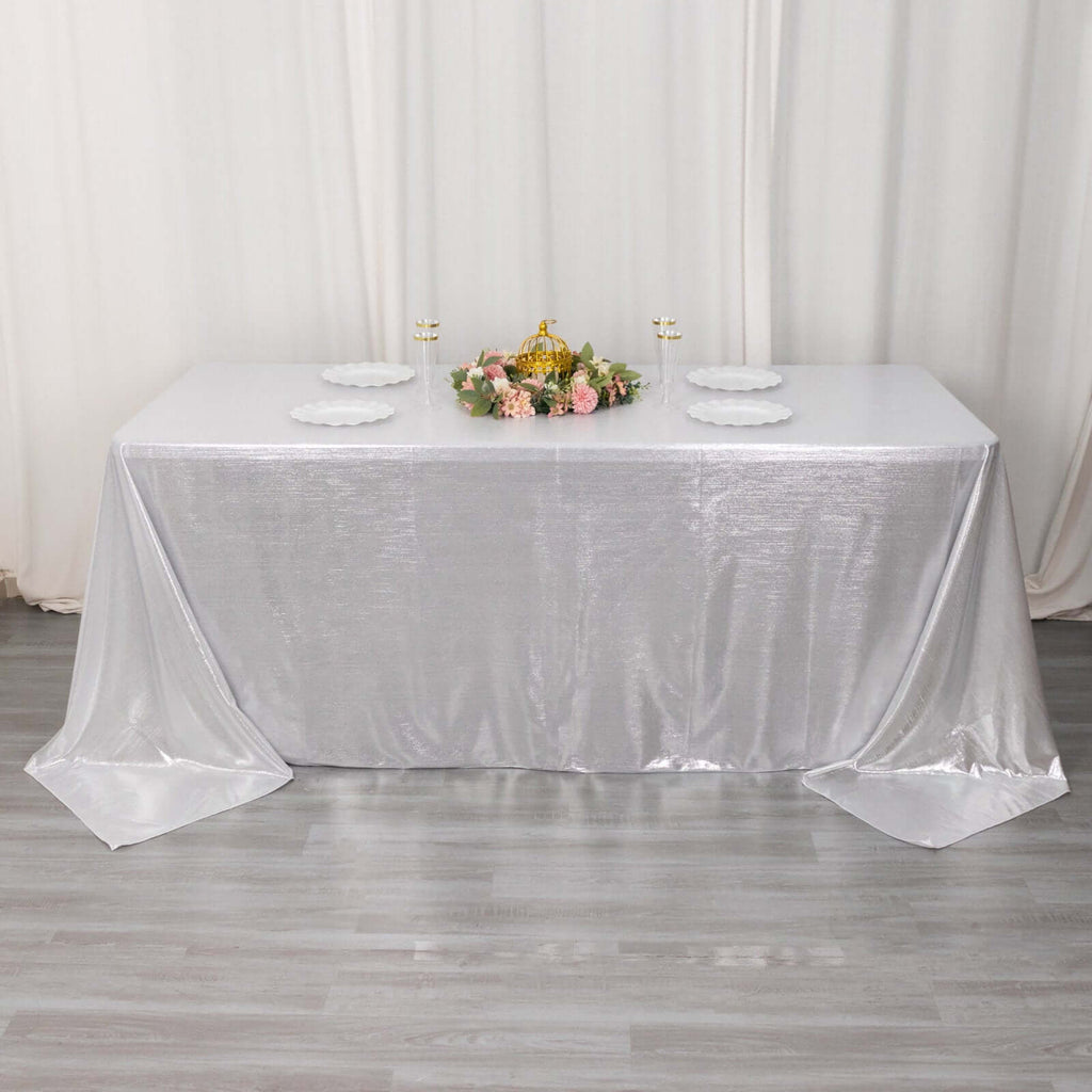 90x132in Rectangular Sequin Dots Polyester Tablecloth Silver