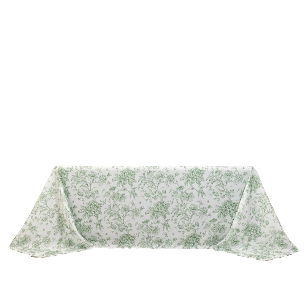 Polyester 90x132 Inch Rectangle Tablecloth White Dusty Sage Green French Toile