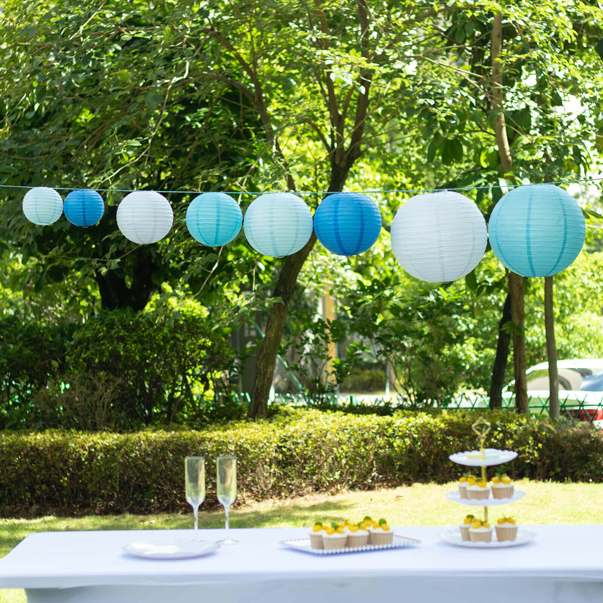 Round Hanging Paper Lanterns 6 to 14 in Set of 8 Mixed Blue and White