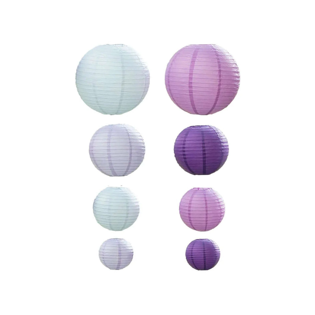 Set of 8 Mixed Purple White Hanging Paper Lanterns 6 to 14 in