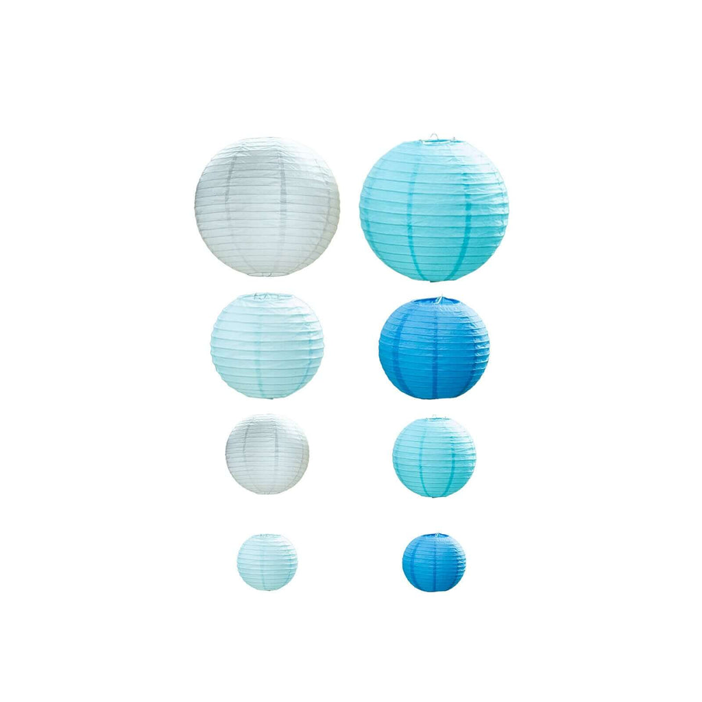 Round Hanging Paper Lanterns 6 to 14 in Set of 8 Mixed Blue and White