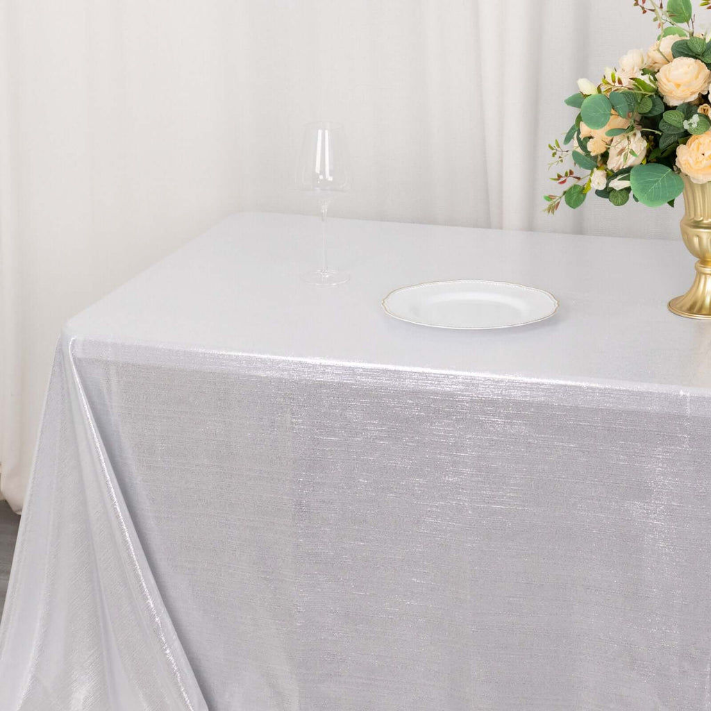 90x132in Rectangular Sequin Dots Polyester Tablecloth Silver