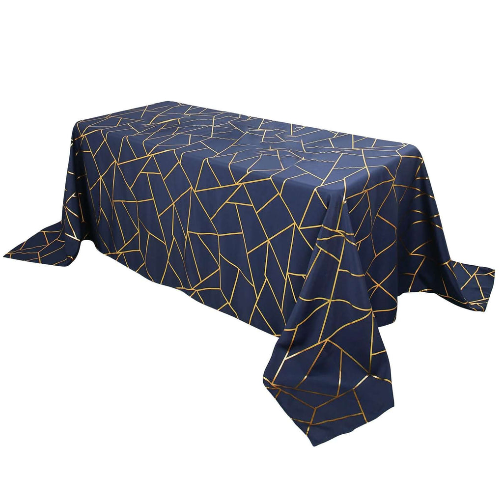 90x132in Rectangular Oblong Polyester Tablecloth Navy Blue and Gold