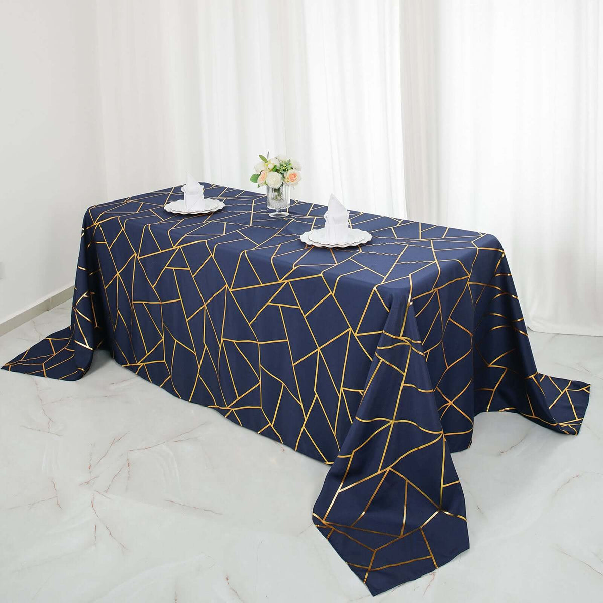 90x132in Rectangular Oblong Polyester Tablecloth Navy Blue and Gold