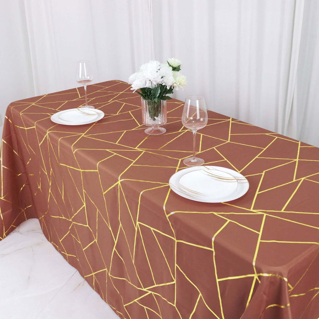 90x132in Rectangular Oblong Polyester Tablecloth Terracotta Gold