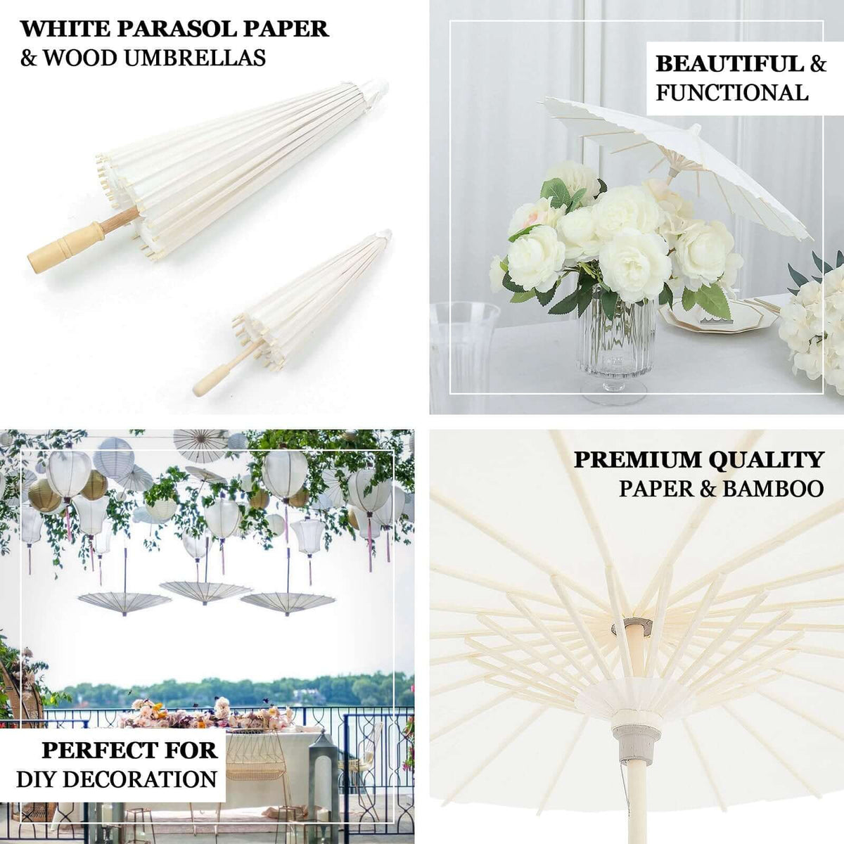 32 Inch Paper and Bamboo Parasol Umbrellas 2-Pack White
