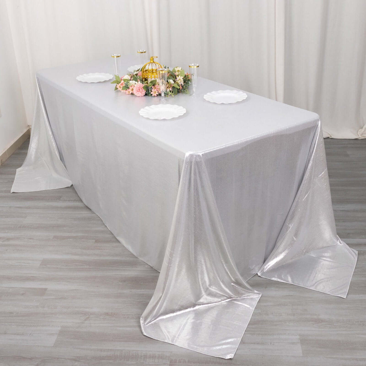 90x132in Rectangular Sequin Dots Polyester Tablecloth Silver