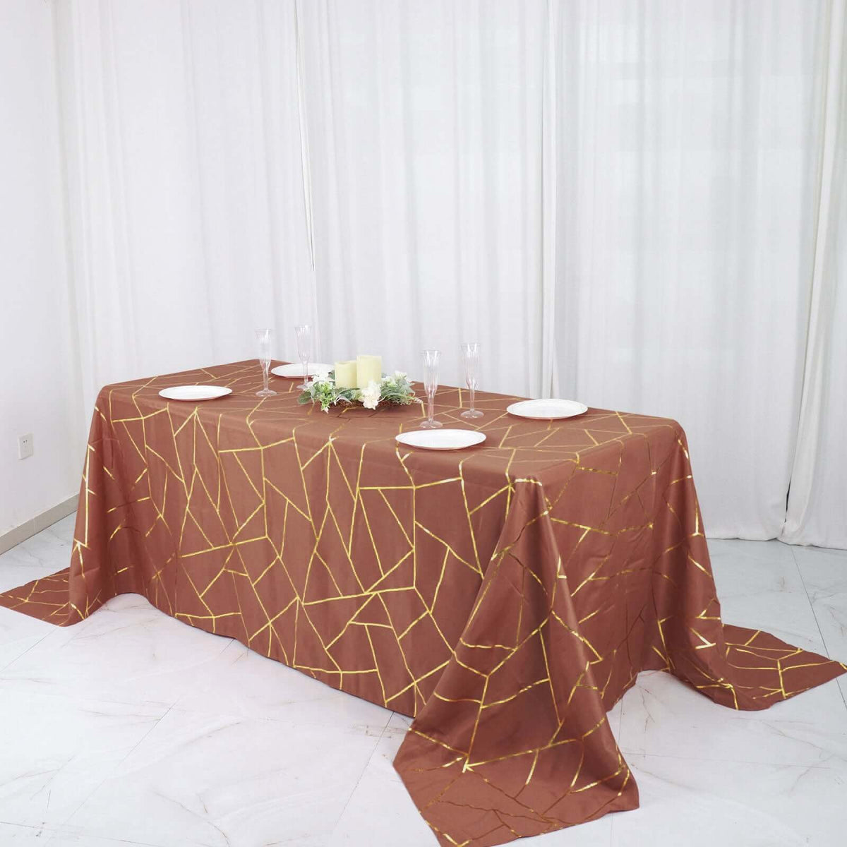 90x132in Rectangular Oblong Polyester Tablecloth Terracotta Gold