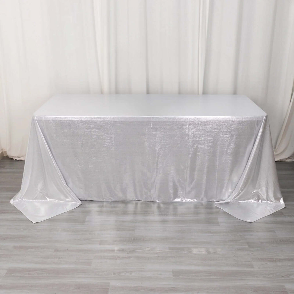 90x132in Rectangular Sequin Dots Polyester Tablecloth Silver