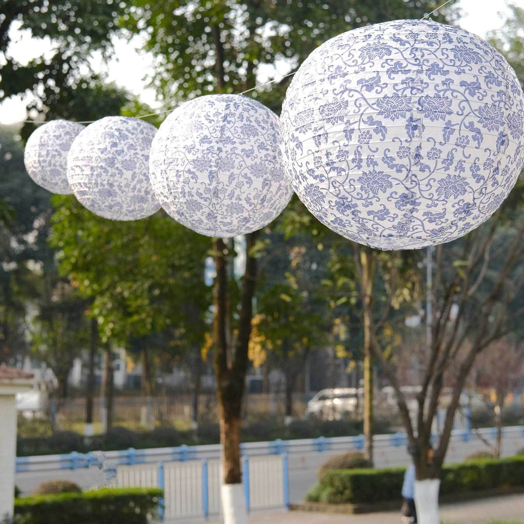 French Toile Floral Hanging Paper Lanterns Set of 8 White and Blue