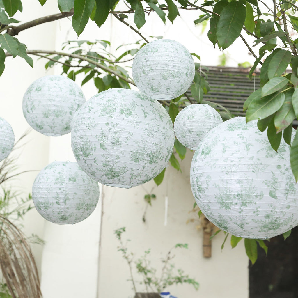 French Toile Floral Hanging Paper Lanterns 6 to 14 in Set of 8 Sage Green