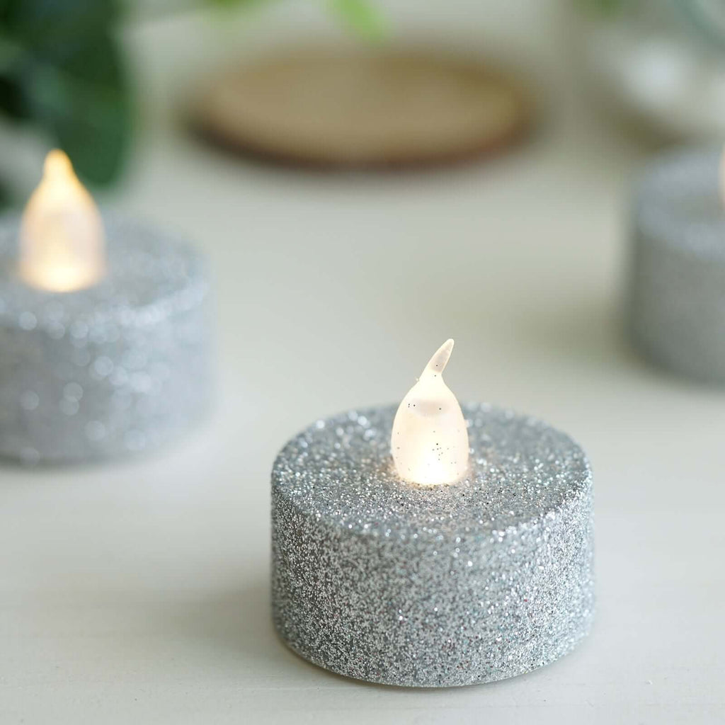 12-Pack LED Tealight Candles Glitter Silver 1.5x1.5in