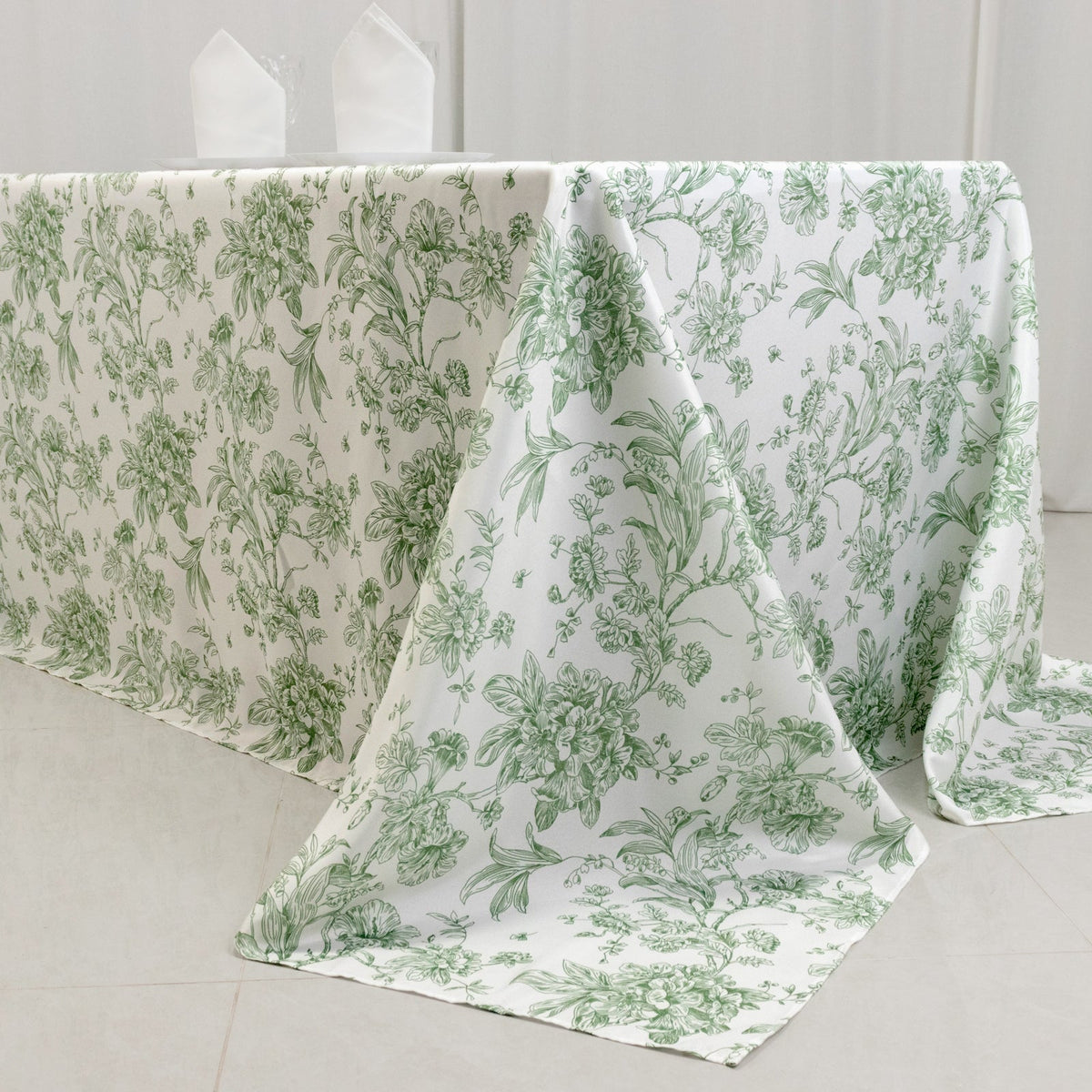 Polyester 90x132 Inch Rectangle Tablecloth White Dusty Sage Green French Toile