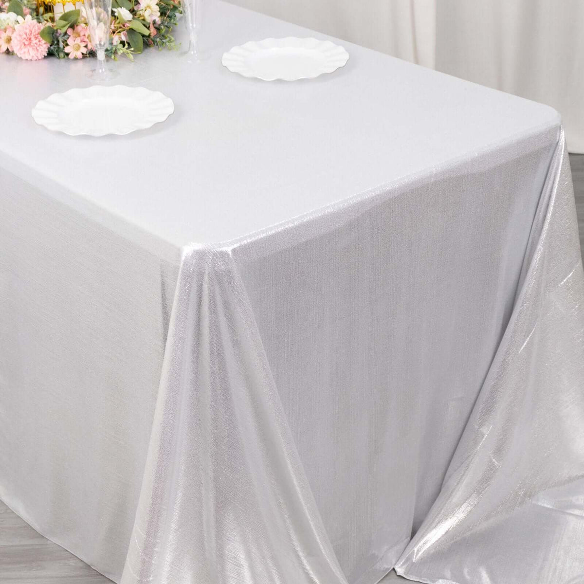 90x132in Rectangular Sequin Dots Polyester Tablecloth Silver