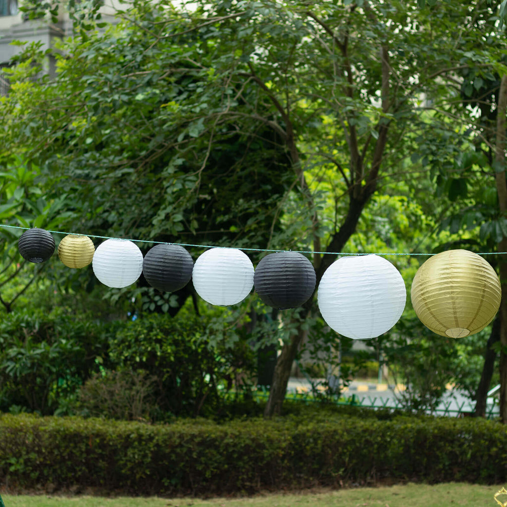 Round Hanging Paper Lanterns 6 to 14 in Set of 8 Black and Gold