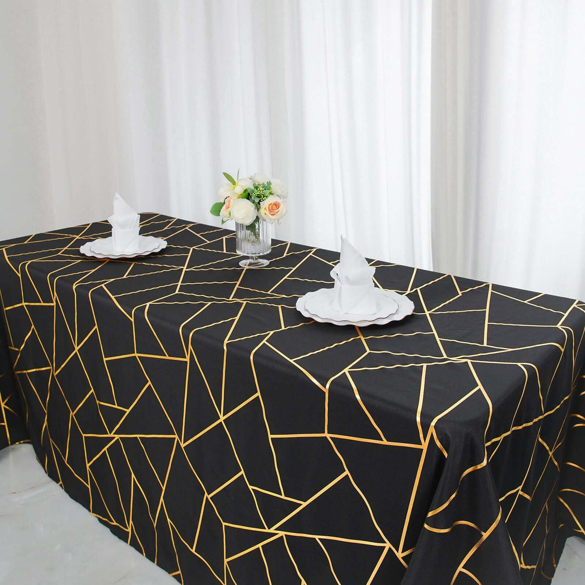 90x132in Rectangular Oblong Polyester Tablecloth Black and Gold