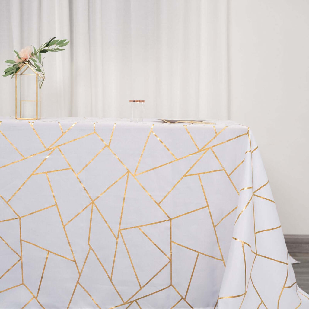 Polyester 90x132 Inch Rectangle Tablecloth White with Gold Foil