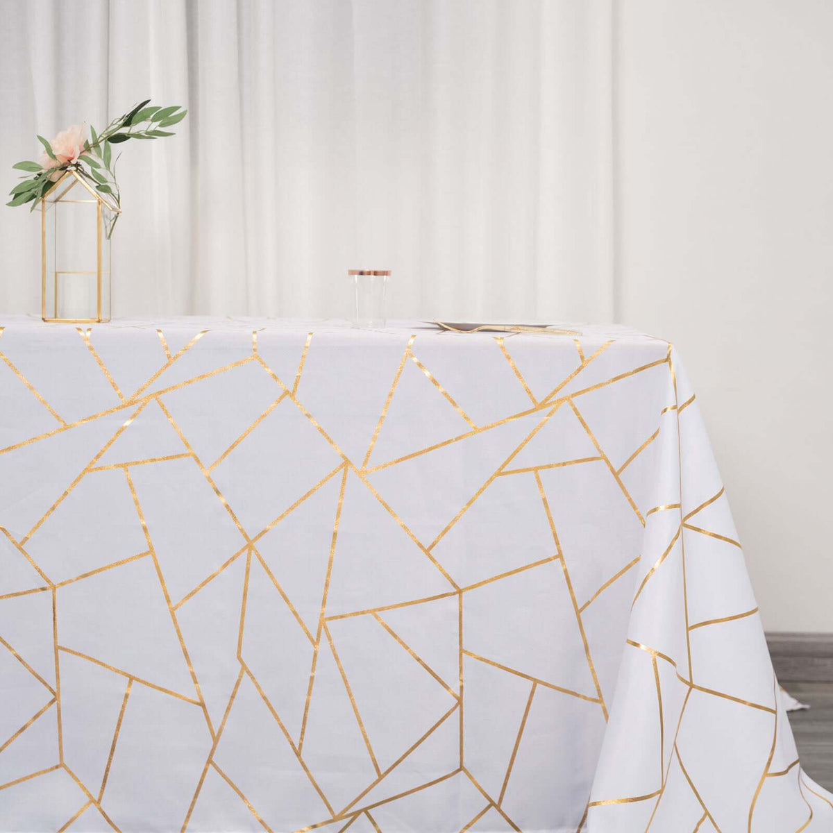 Polyester 90x132 Inch Rectangle Tablecloth White with Gold Foil