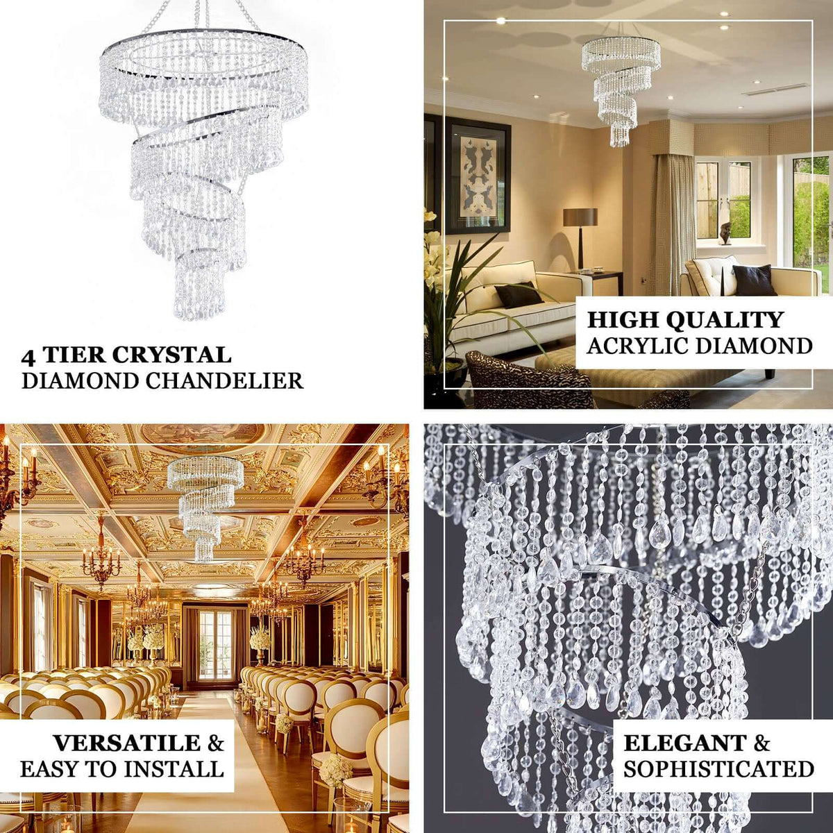 24" 4-Tier Acrylic Diamond Crystal Hanging Pendant Chandelier Silver