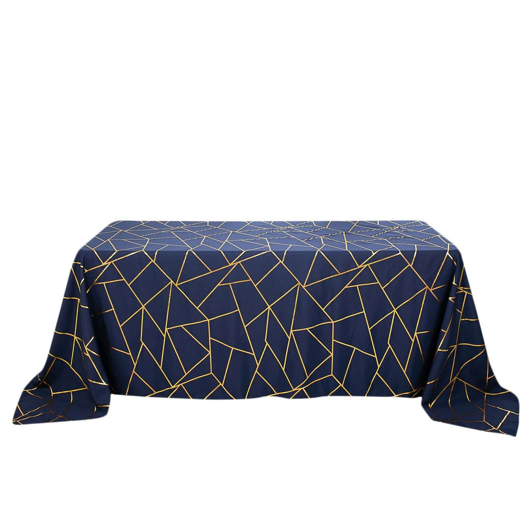 90x132in Rectangular Oblong Polyester Tablecloth Navy Blue and Gold
