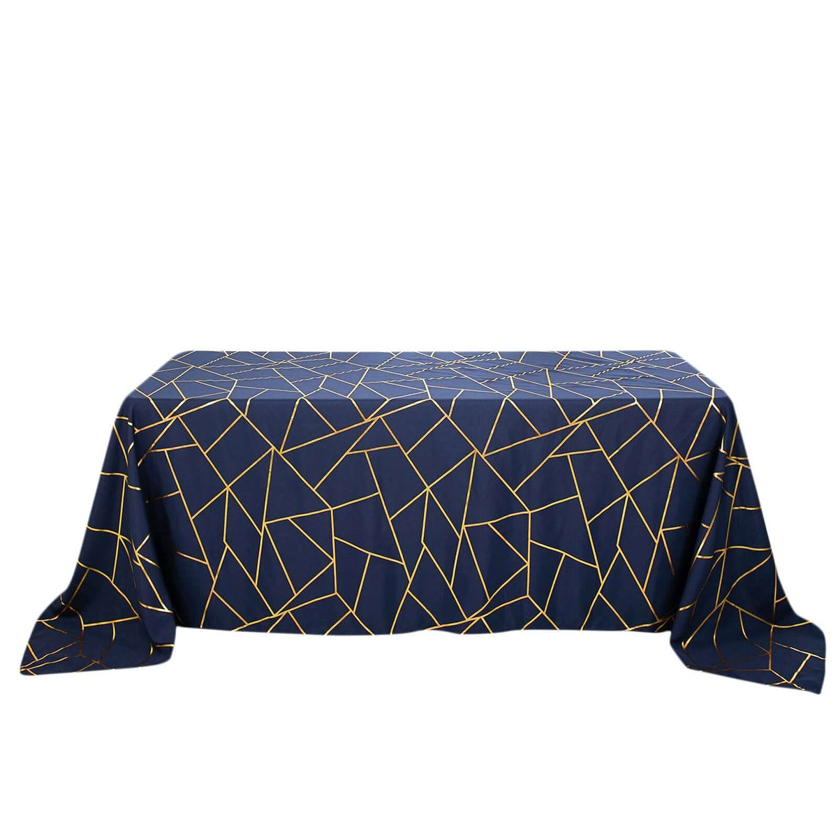 90x132in Rectangular Oblong Polyester Tablecloth Navy Blue and Gold
