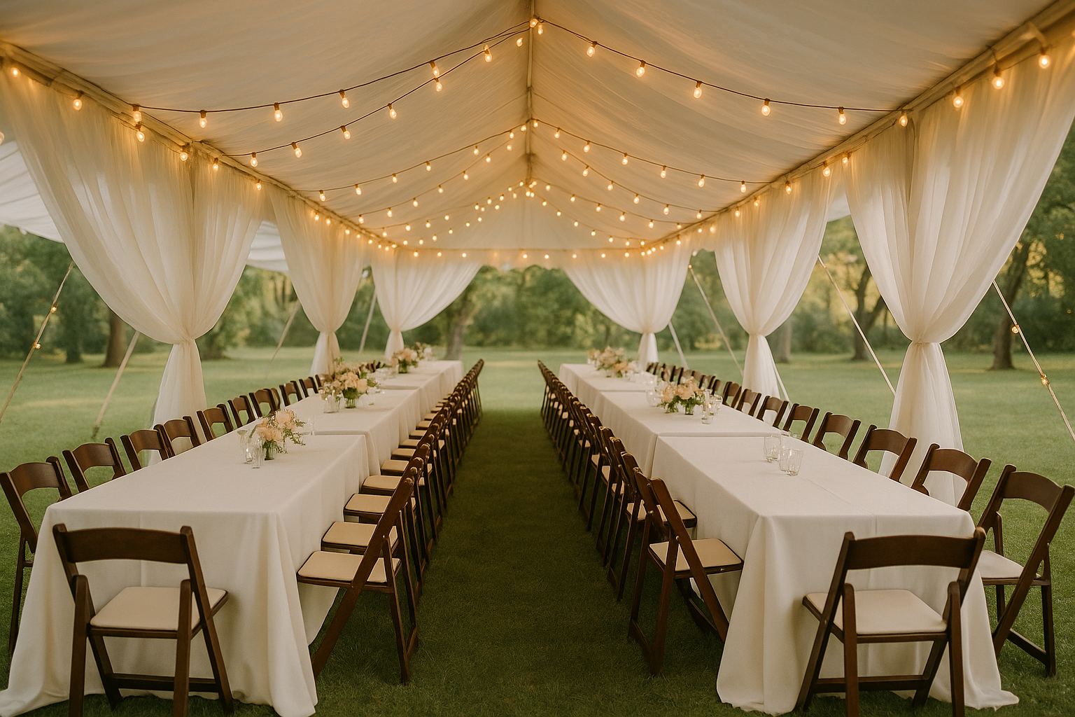 wedding tent with sheer white tulle used for drapes, add string lights on the tent, and decorate underneath of tent with 6ft rectangular folding tables that have dark brown resin folding chairs with ivory padded seats