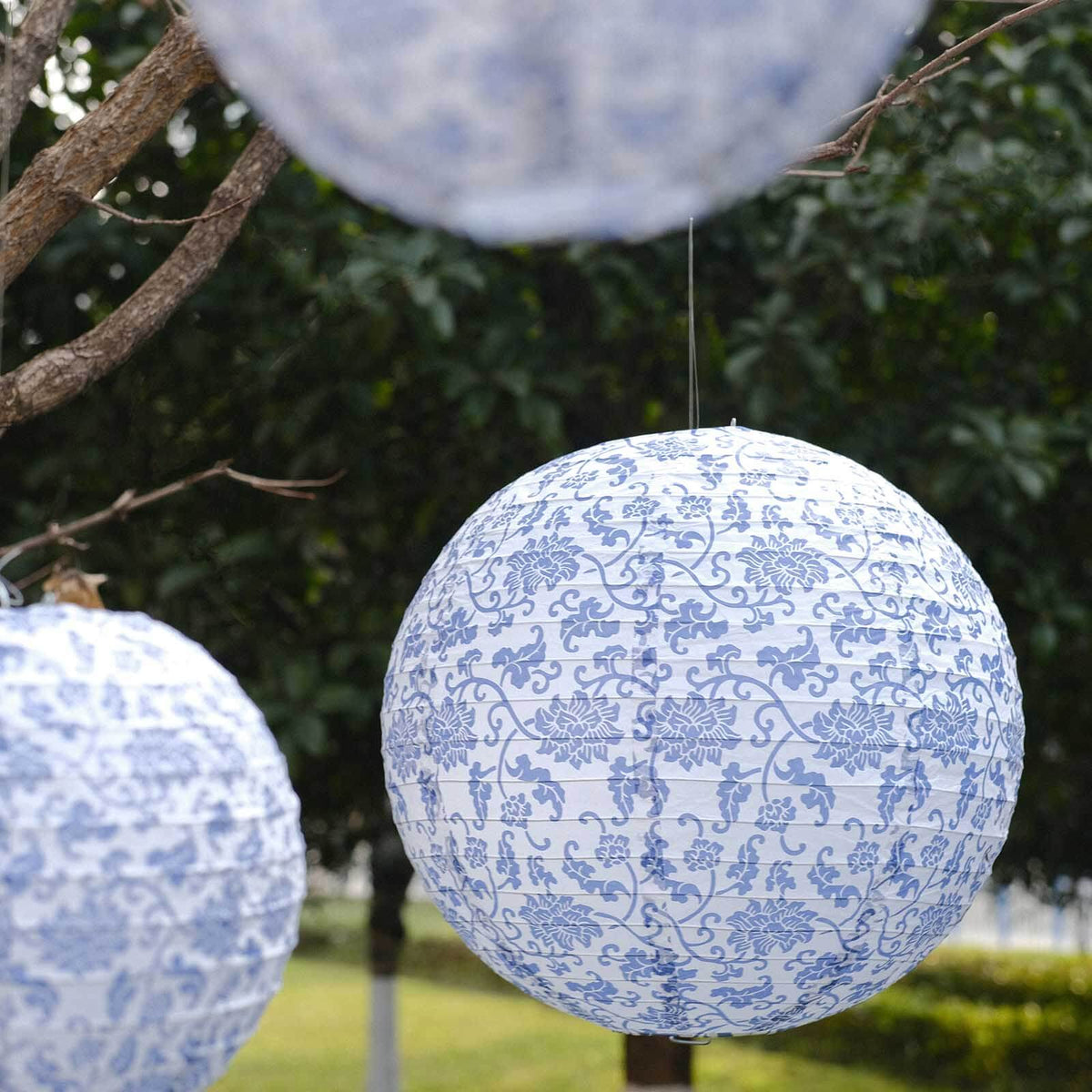 French Toile Floral Hanging Paper Lanterns Set of 8 White and Blue
