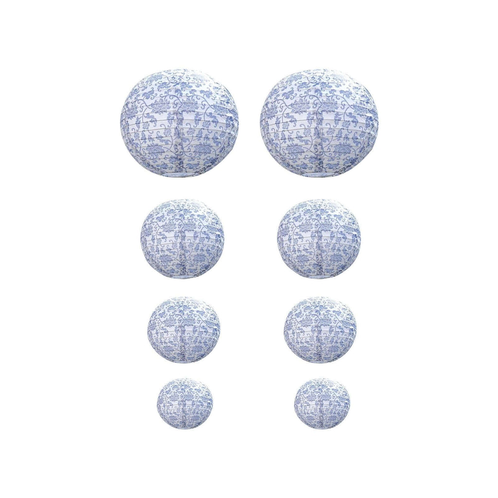 French Toile Floral Hanging Paper Lanterns Set of 8 White and Blue