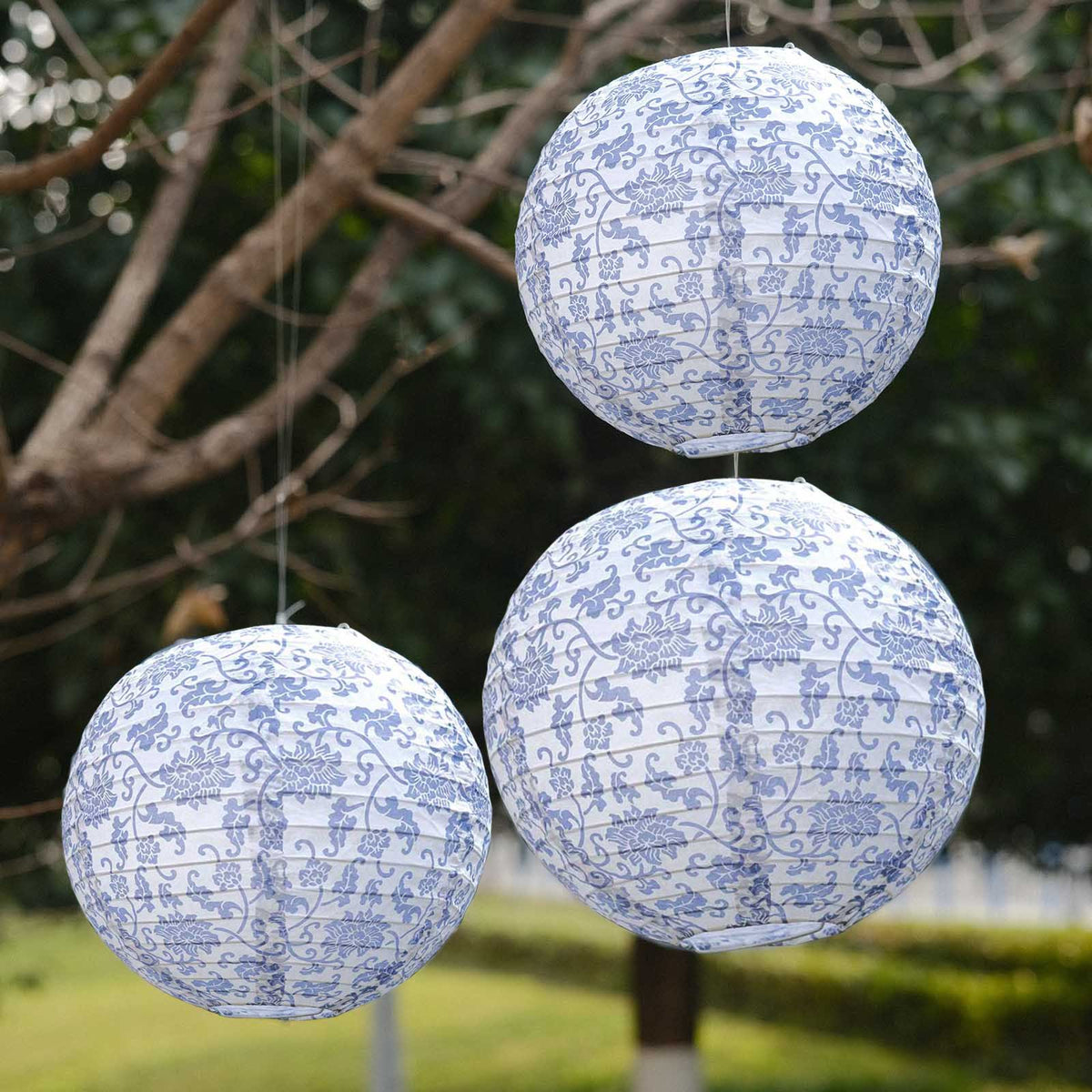 French Toile Floral Hanging Paper Lanterns Set of 8 White and Blue