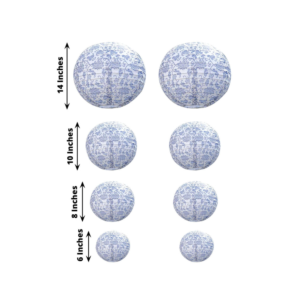 French Toile Floral Hanging Paper Lanterns Set of 8 White and Blue