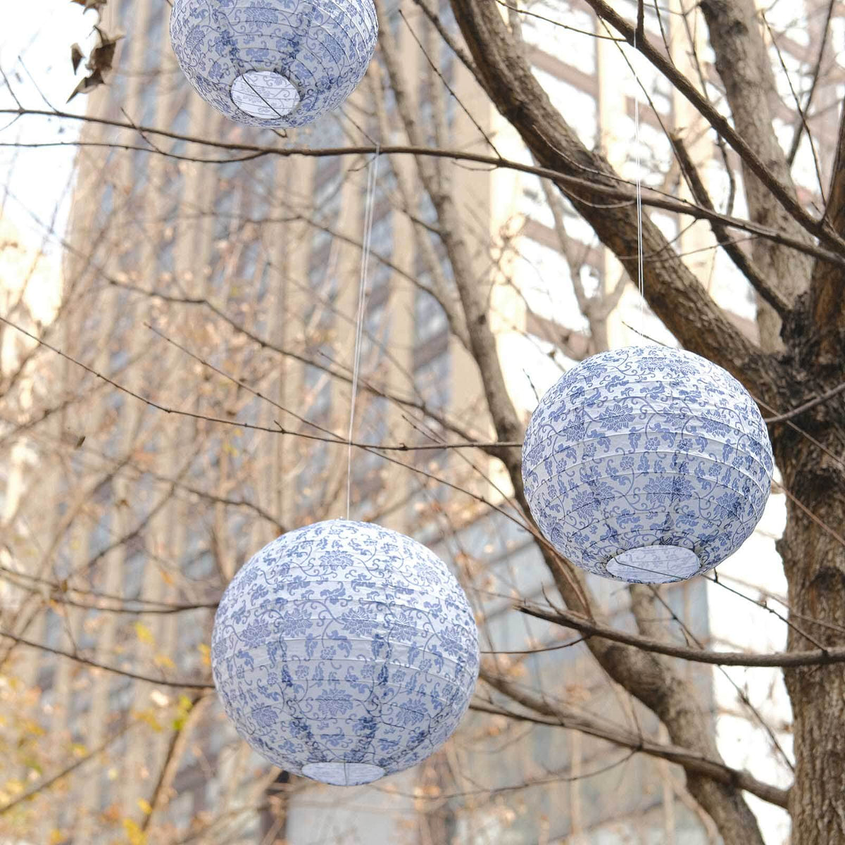 French Toile Floral Hanging Paper Lanterns Set of 8 White and Blue