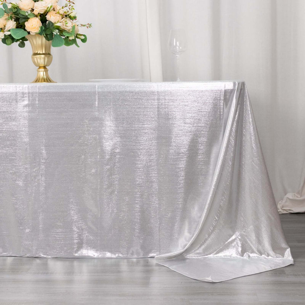 90x132in Rectangular Sequin Dots Polyester Tablecloth Silver